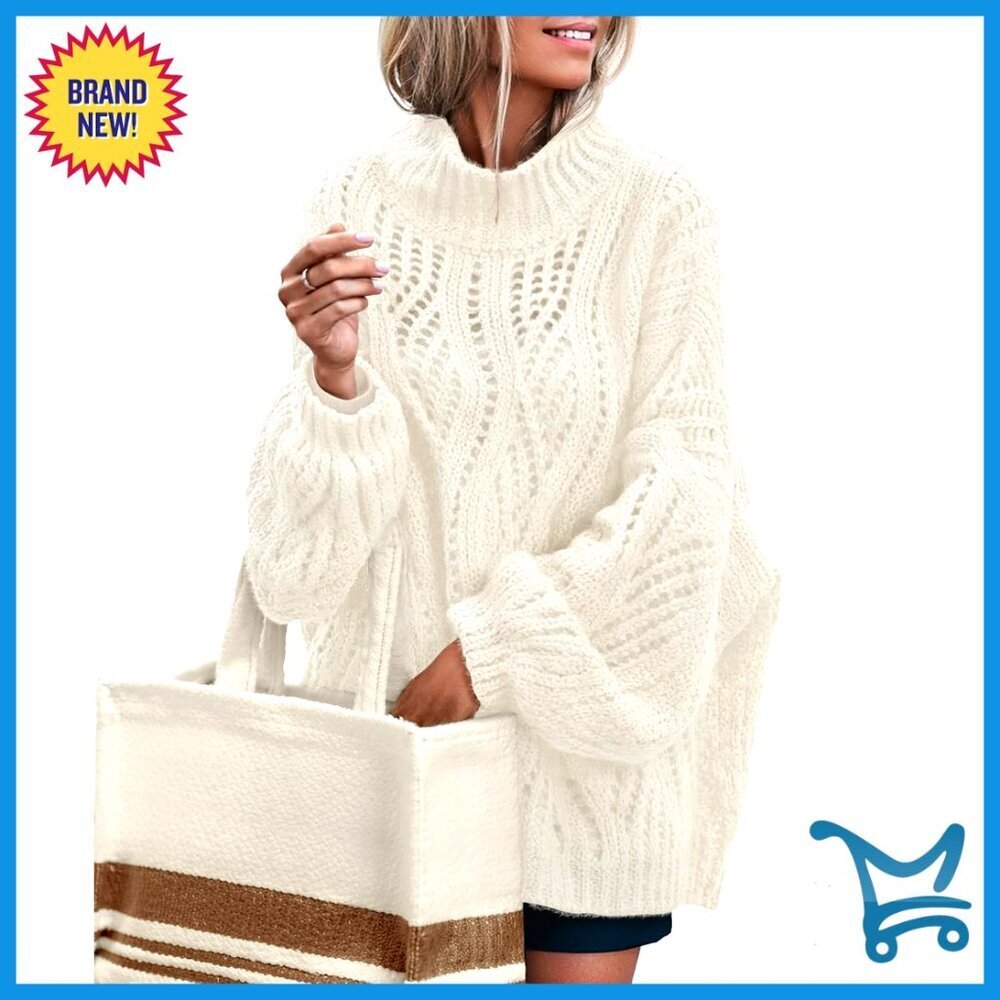 Oversized Crochet Pullover Mock Neck Lantern Sleeves Loose Fit Sweater